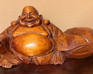 Large Hand Carved Wooden Laughing Budda