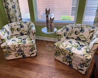 Bold Floral Upholstered Club Chairs w/ Matching Drapes