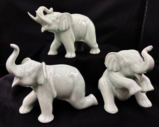 Celadon Green Crackle Ceramic Elephant Figurines