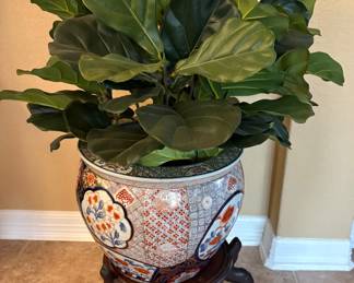 Large Chinese Porcelain Fishbowl Planter on Wooden Stand 