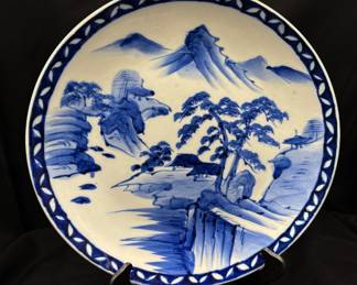 Japanese Charger/ Platter Featuring Blue and White Landscape Design