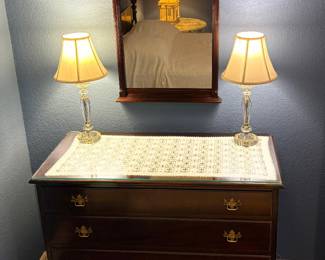 Vintage Chest of Drawers by Kaplan/ Mahogany Framed Mirror and Crystal Lamps