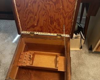 Mid Century Modern sewing storage ottoman with cream vinyl seat