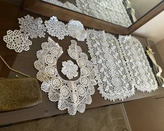 Vintage beaded clutch purse & Doilies  