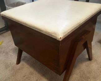 Mid Century Modern sewing storage ottoman with cream vinyl seat