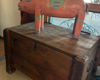 Life size hand carved and painted pig, vintage chest