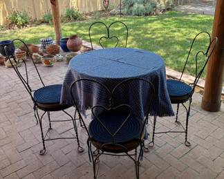 MCM wrought iron heart back ice cream parlor 4 chairs and table