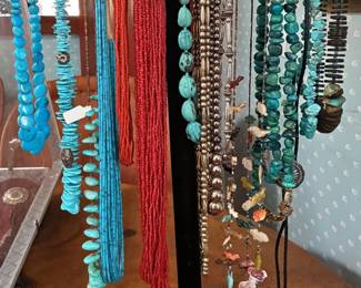 Turquoise and coral necklaces, fetishes necklaces