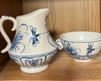 Vintage blue and white dragonfly pitcher and creamer
