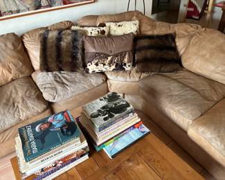 Sectional leather couch, cowhide cushions