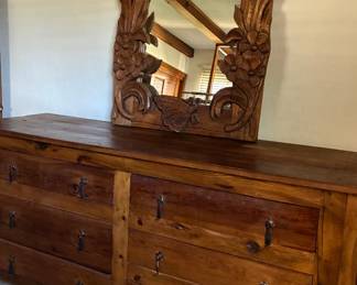 Southwestern solid wood 6 drawer dresser, hand carved butterfly mirror