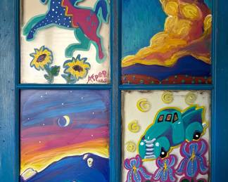 Vintage four panel window painting, signed
