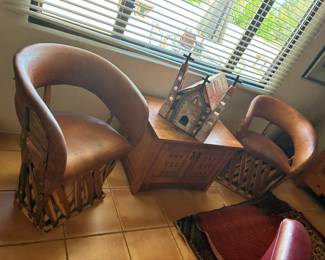 Equipale Mexico chairs, Southwestern pine side table