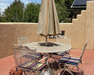 Vintage table, 4 chairs, umbrella