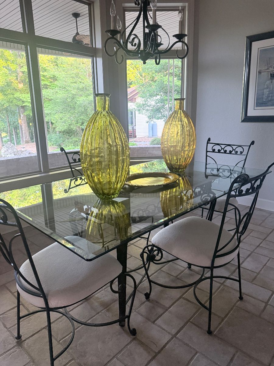 Glass top table 4 chair, chairs wrought iron