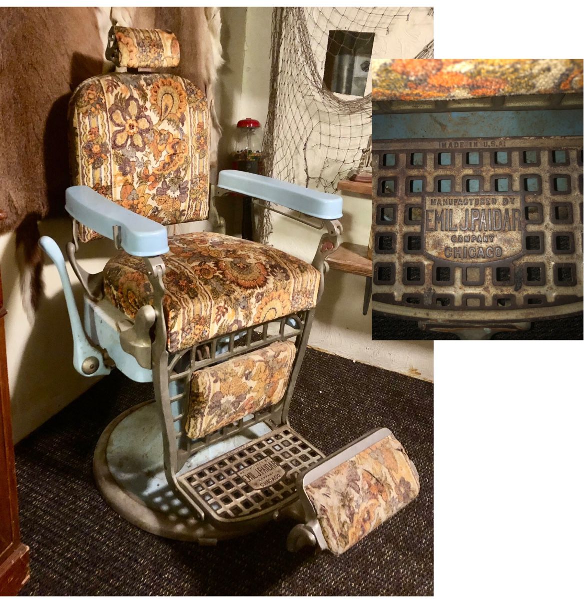 *Antique Emil J. Paidar Barber Chair, has been Disassembled & taken to the Main Floor. It is 49 inches tall X 30 inches wide with the handle X 40 inches deep with the footstool clearly marked  Emil J. Paidar Barber Chair. NOW $500 FIRM