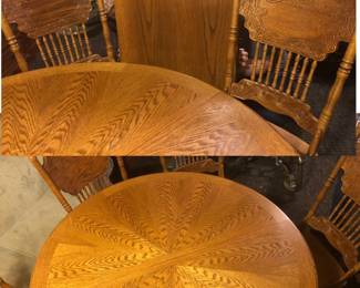 *Pre-SaleOak Round Table is 47 inches in diameter X 30 inches tall and has one leaf that is 24 inches wide. $165. There are 6 Matching Chairs $165. OR ALL for $265.