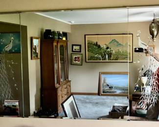 *Pre-Sale 1950’s Triptych 3 Panel Mirror Etched Beveled Glass with 2 Beautiful Peacocks, Dimensions 59 inches wide × 1 inch deep × 36.5 inches tall. $900