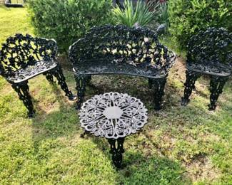 *Pre-Sale Vintage Black Wrought Solid Cast Iron Outdoor Patio Furniture 4 Piece Garden Set. Grape Vine & Leaves Design Set Includes Settee/Bench, 2 Chairs, Table. ALL 4 Pieces for $300 note: One back foot of one chair seems to be damaged.