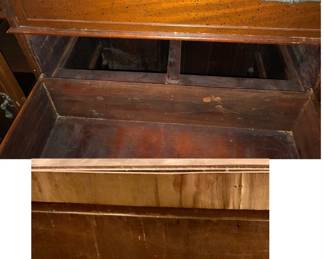  *Pre-Sale Antique 2-Piece Hutch Cabinet w Dovetail is 53 inches wide X 78 inches tall. The top is 12 inches deep and the bottom is 13 1/2 inches deep $255 *Pre-Sale Antique Table is 41 wide x 53 inches long x 31 tall. There is a Hidden Leaf Underneath. $255 This Table Matches the Antique 2-Piece Hutch. Both Pieces for $485