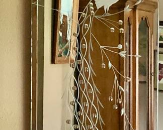 *Pre-Sale 1950’s Triptych 3 Panel Mirror Etched Beveled Glass with 2 Beautiful Peacocks, Dimensions 59 inches wide × 1 inch deep × 36.5 inches tall. $900