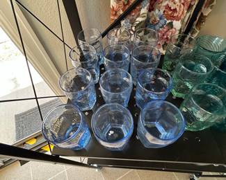 Set of 8 Blue Hexagonal Textured Glass Tumblers and 4 Green Textured Glass Tumblers