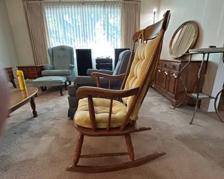 Vintage Windsor Spindle Back Rocking Chair with Yellow Tufted Cushions