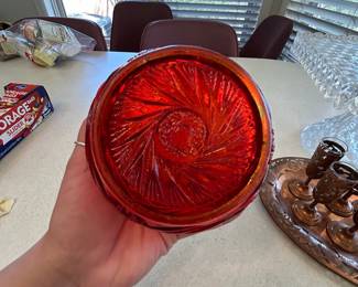 Ruby Red Moon and Stars Pattern Glass Compote with Lid
