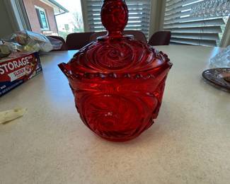 Ruby Red Moon and Stars Pattern Glass Compote with Lid