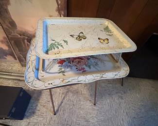 Vintage Butterfly and Floral TV Trays with Stand