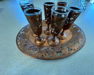 Set of 6 Etched Copper Overlay Shot Glasses with Decorative Tray