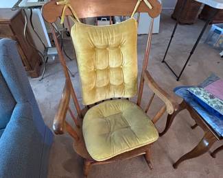 Vintage Windsor Spindle Back Rocking Chair with Yellow Tufted Cushions
