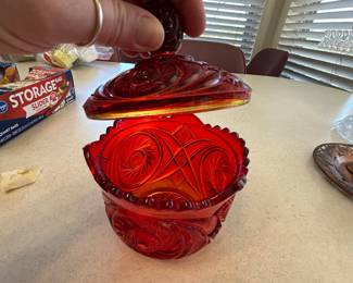 Ruby Red Moon and Stars Pattern Glass Compote with Lid
