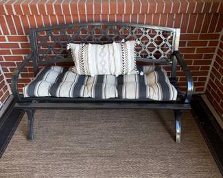 g Black Metal Outdoor Patio Bench with Decorative Backrest and Cushions