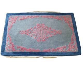 f Vintage Artisan Asian Rectangular Area Rug with Blue Border and Pink Ornate Pattern