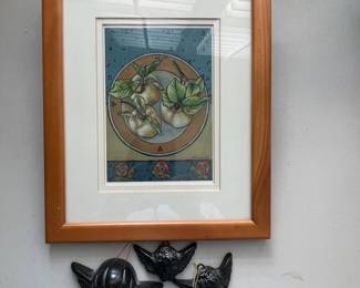 a Paula Amerine Framed Picture with Set of 3 Hand Carved Obsidian Angels