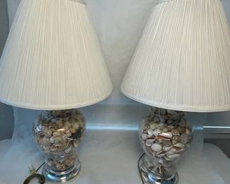 d air of Decorative Table Lamps with SeashellFilled Glass Bases and White Fabric Shades