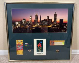 a Atlanta 1996 Olympic Games Memory Frame with Pins and Tickets