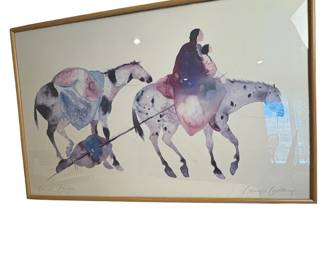 a Watercolor Print Travois by Cherokee Artist Carol Grigg  Native American Mother and Child on Horseback