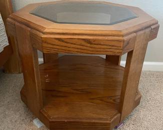 f Oak Hexagon End Table with Glass Top