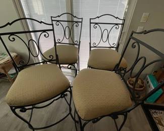 f 4 Wrought Iron Bar Stools with Upholstered Beige Seats