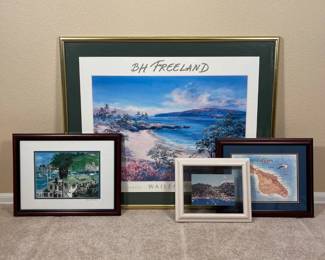 a Four Framed Coastal and Island Prints Featuring Signed and Vintage Artworks