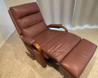 f Rocker Recliner Chair in Burgundy Leather with Wooden Accents