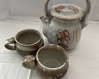 k Handmade Studio Pottery Tea Pot  Two Mug Set