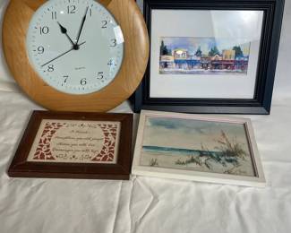 d 3 Framed Pictures and a Wooden Wall Clock