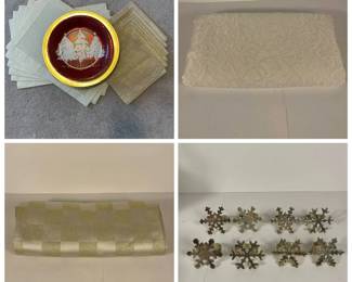h Christmas Tableware Set with Tablecloths, Red Plates, Gold Chargers, Linen Napkins, and Napkin Rings