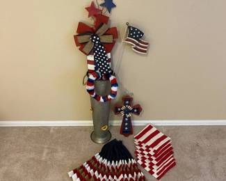h Patriotic Americana Decorative Set with Flag, Cross, and Metal Vase
