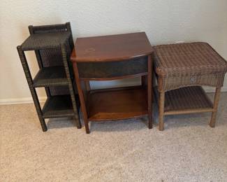 f Three Unique Side Tables Including Wooden and Wicker Designs