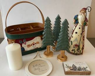 h Holiday Decor Set Featuring LightUp Santa Figurine, Wooden Pine Trees 3, and Painted Santa Basket