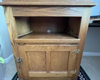 f Solid Oak Nightstand with Unique Vintage Brass Hardware